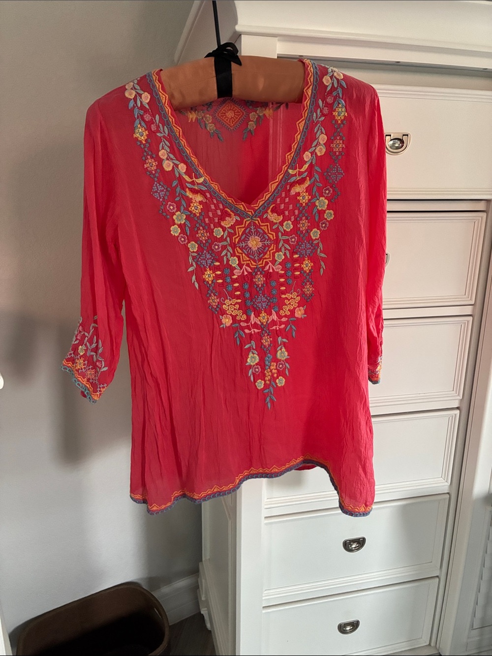 Johnny Was Bright Coral Embroidered V-Neck Tunic